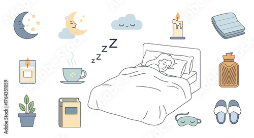 Essential Elements for a Peaceful Night's Sleep A Collection of Cozy Bedtime Vector Icons