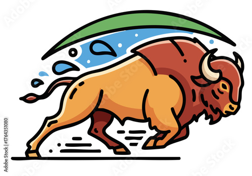 A dynamic bison illustration with a wave backdrop. Bold lines and vibrant colors create a striking, modern logo design. Perfect for branding and promotional materials.