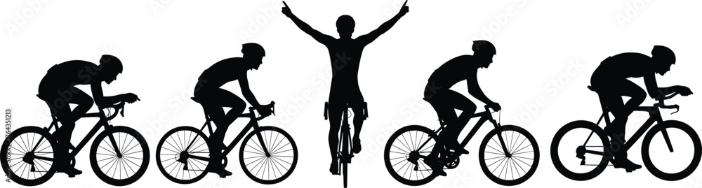 Fototapeta premium Cyclist silhouettes in racing and victory pose, black vector illustration for sports competition, athletic triumph, biking event, road cycling concept
