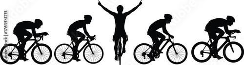 Cyclist silhouettes in racing and victory pose, black vector illustration for sports competition, athletic triumph, biking event, road cycling concept