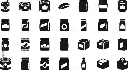 Collection of various food packaging containers and cans isolated on transparent background
