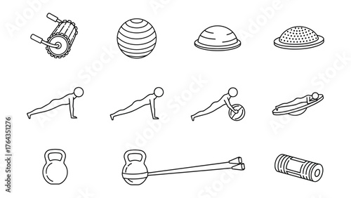 Fitness Tools and Exercise Illustration: A comprehensive collection of fitness equipment, accompanied by simplified exercise illustrations, presenting essential components for health and well-being.