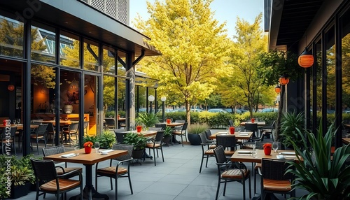 Cozy patio dining area, glass walls, trees, modern building, terrace, peaceful