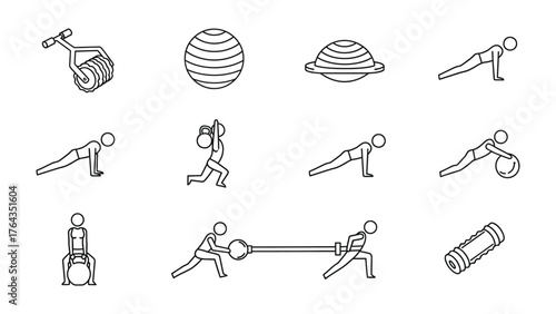Body Sculpting Tools: A set of simplified illustrations showcasing various fitness equipment and body movements, providing a visual guide for effective exercise and physical wellness.