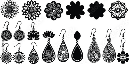 Floral earring vector set, black and white jewelry design, decorative flower illustration, elegant accessory artwork, fashion ornament collection, beauty icon graphics