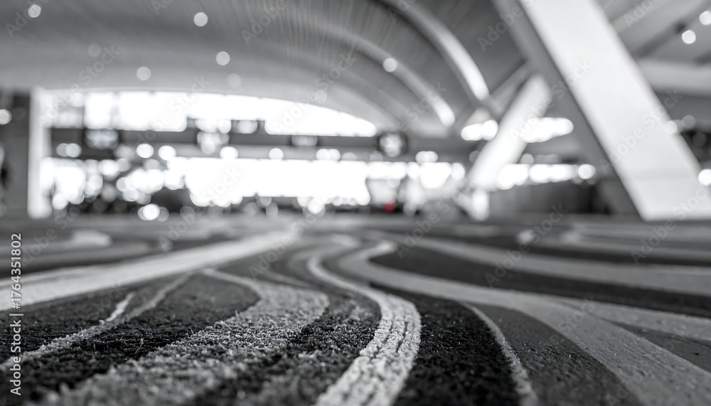 Fototapeta premium Abstract grayscale airport interior focusing on foreground carpet pattern with background blurred architecture