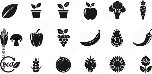 Collection of black silhouette icons representing various fruits vegetables and plants isolated on transparent background