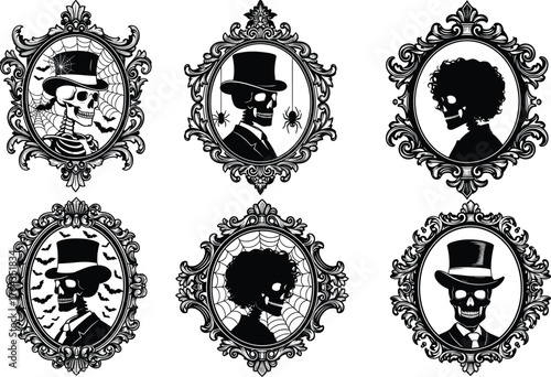 Gothic skeleton portrait vector set, black and white vintage frame illustration, Halloween character design, spooky Victorian artwork, macabre decorative graphic