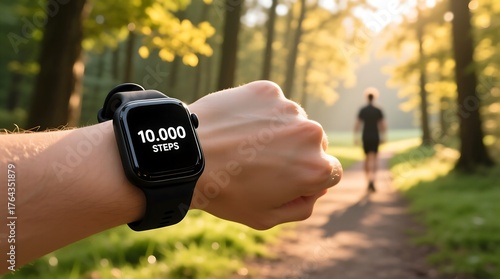 Smartwatch Displaying 10,000 Steps Achieved During Outdoor Run