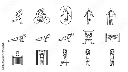 Diverse fitness activity icons. These monochrome illustrations show a range of exercises. 