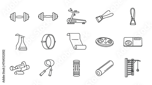 Fitness Icons: Minimalist illustrations of various fitness equipment symbolize the elements required for a well-rounded workout routine, designed to represent physical activity and health.