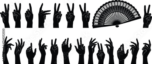 Hand gesture silhouettes, expressive sign icons, black vector illustration of symbolic poses, fan accent detail, communication design, cultural concept art