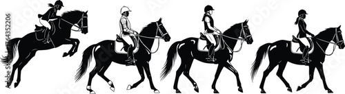 Horse riding silhouettes, equestrian posture variations, helmeted riders in motion, vector illustration for sport, training, horseback activity, rider design concept