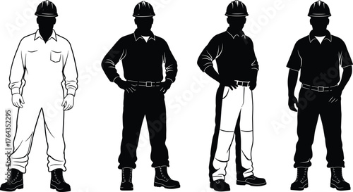 Industrial worker silhouettes, construction uniforms, hard hats and boots, vector illustration for safety gear, jobsite identity, labor design, occupational concept