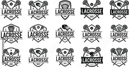 Lacrosse logo set, bold typography with sticks, helmets, and shields, black vector design for sports branding, team identity, tournament graphics