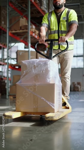 Worker in safety vest pushing pallet jack with wrapped boxes in warehouse, vertical footage