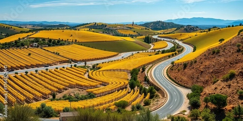 Andalusian vineyards, highway curves through landscape, path, brown