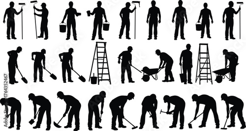 Manual labor worker silhouettes, construction task poses, black vector illustration for industrial job design, maintenance activity, safety training, physical work concept