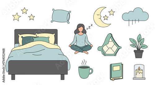 Essential elements for a serene bedtime and mindful living, featuring cozy comfort and peaceful relaxation icons