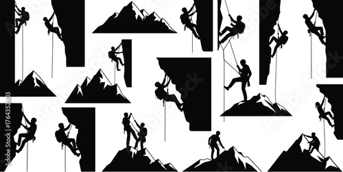 Mountain climbing silhouette vector, black and white adventure illustration, rock climber action design, outdoor exploration artwork, extreme sport graphic set
