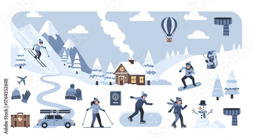 Panoramic Winter Recreation Scene with People Engaging in Snow Sports, Ice Skating, and Mountain Holiday Travel Activities