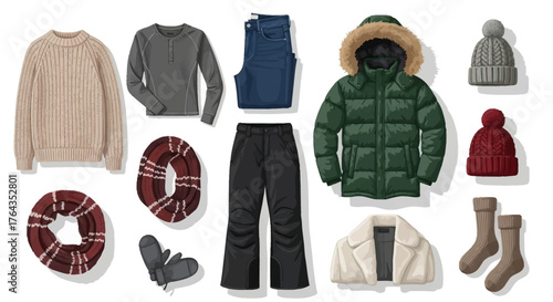 A flat lay collection of essential warm winter clothing, apparel, and fashion accessories for cold weather