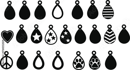 Pendant and charm silhouette illustration, black vector design featuring teardrops, hearts, stars, paws, peace symbols, decorative jewelry concept, accessory theme