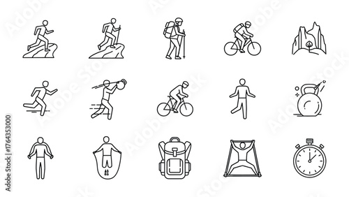Icons of fitness and sports: A collection of minimalist line art icons representing diverse fitness activities, from running to cycling, and weightlifting.