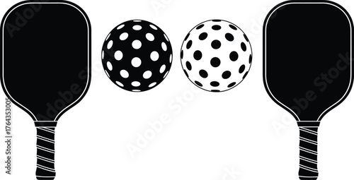 Pickleball paddles and balls, symmetrical black and white design, vector illustration for sports equipment, minimal style, game identity, athletic branding