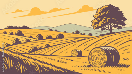 Illustration of a field with hay bales and a tree under a cloudy sky in a rural landscape scene