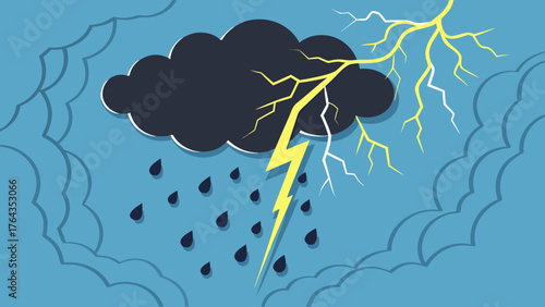 Illustration of a dark cloud with rain and lightning on a blue background with cloud outlines
