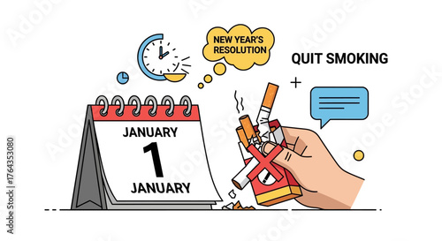 A vector illustration showing the decision to quit smoking for the new year with a calendar and broken cigarettes