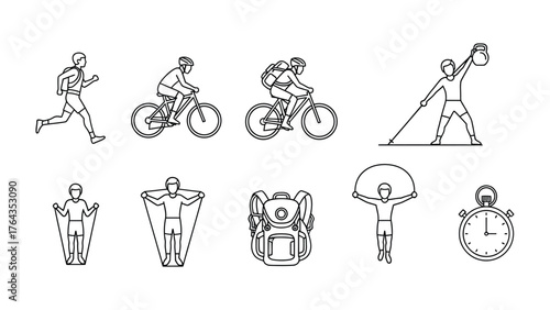 Active lifestyle elements : Collection of graphic vector elements representing diverse activities and tools central to an active lifestyle, perfect for projects related to wellness, fitness.