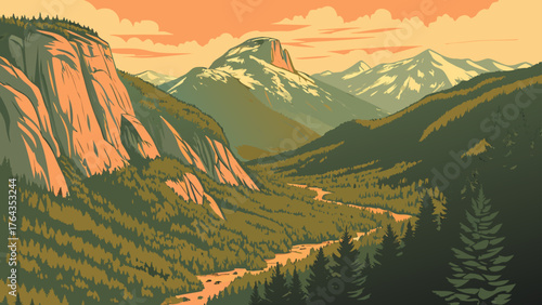 Illustration of a mountain landscape with trees and a river under a warm colored sky at daytime