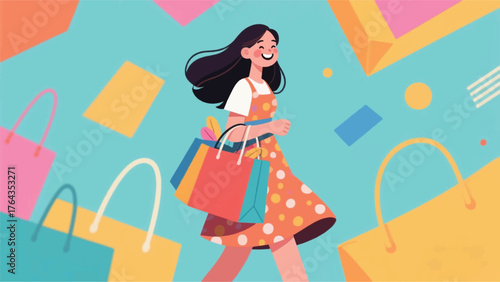 A Smiling Girl Carrying Shopping Bags Illustrator Artwork Banner Background Design Template 