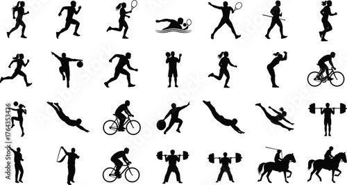 Sport activity silhouette vector set, black and white athlete illustration, dynamic motion design, fitness exercise artwork, physical movement graphic collection
