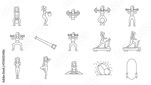 Fitness Routine Illustrations: A collection of various workout illustrations representing diverse exercises, highlighting a path toward strength and health.