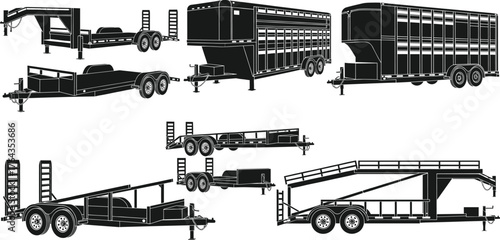 Trailer silhouette vector set, black and white transport illustration, utility hauling design, farming equipment graphic, logistics cargo vehicle collection