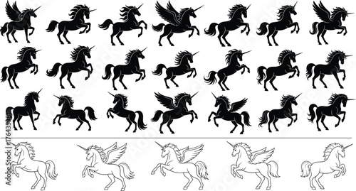 Unicorn silhouette illustration, black and white vector design with wings, fantasy poses, magical creature concept, mythical theme, decorative artwork