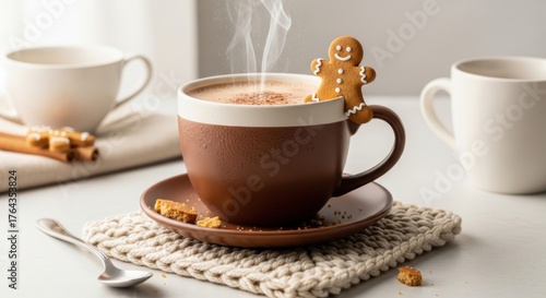 A cozy scene featuring a steaming cup of coffee adorned with a gingerbread cookie perched on the rim, accompanied by cinnamon sticks and ginger snaps on a textured mat