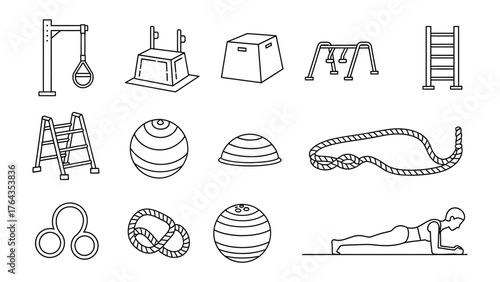 Fitness Equipment Essentials: Illustrated array of fitness equipment essentials, highlighting the tools for strength, flexibility and overall wellness. A visual resource perfect for fitness.