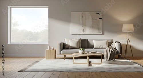 minimalist living room interior with neutral tones, wooden details, large window light