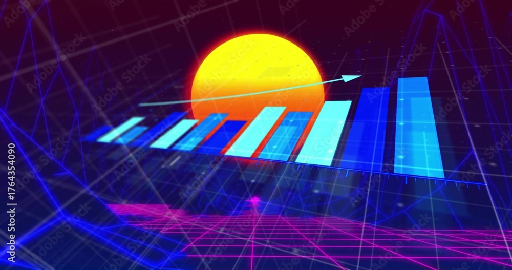 Fototapeta premium Floating 3D bar chart ascending within neon grid plane, with glowing sun disk, arrow and wireframe