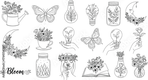 Whimsical nature elements, floral line art, light bulb plant icons, butterfly, moon, hand illustrations, vector design for creativity, serenity, inspiration