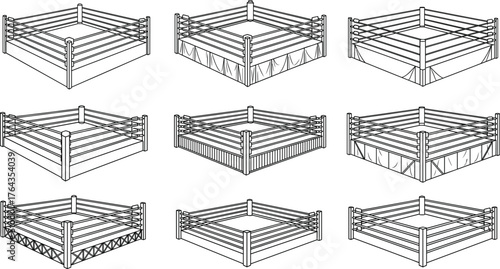 Wrestling boxing ring vector set, black and white sports arena illustration, 3D fighting platform design, athletic competition stage artwork