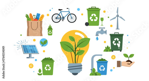 A conceptual illustration of a sustainable lifestyle with green energy and environmental conservation icons