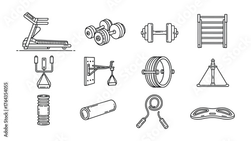 Fitness Equipment Icons: A collection of meticulously crafted, clean line art icons showcases a variety of essential fitness equipment, designed to inspire wellness. 