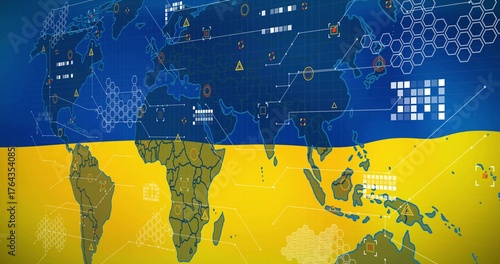 Stylized world map floating in Ukrainian flag background, with hex grids, warning icons and nodes