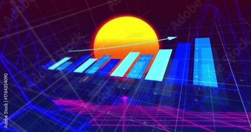 Floating 3D bar chart ascending within neon grid plane, with glowing sun disk, arrow and wireframe