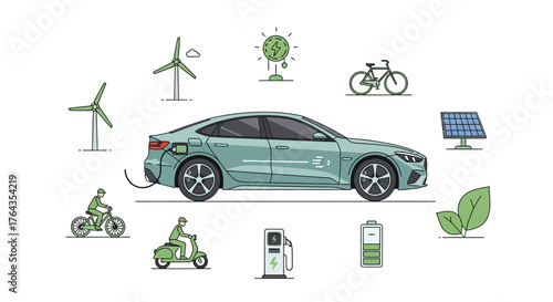 Eco-Friendly Transportation An Electric Car Surrounded by Sustainable Energy and Eco-Elements